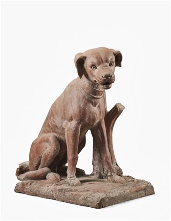 Manifattura del secolo XIX. Scultura in terracotta raffigurante cane molosso su