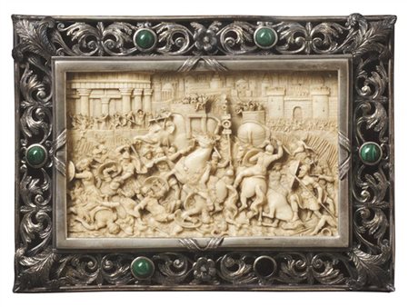 Arte tedesca, secolo XVIII. Bassorilievo in avorio scolpito raffigurante corteo