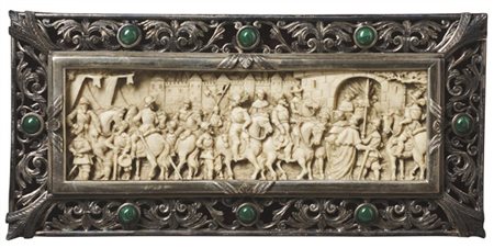 Arte tedesca, secolo XVIII. Bassorilievo in avorio scolpito raffigurante scena