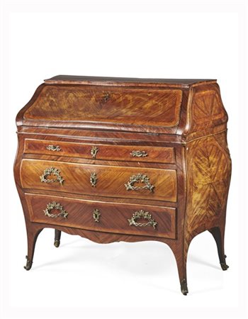 Ribalta di forma mossa e bombata lastronata in palissandro e filettata in bois