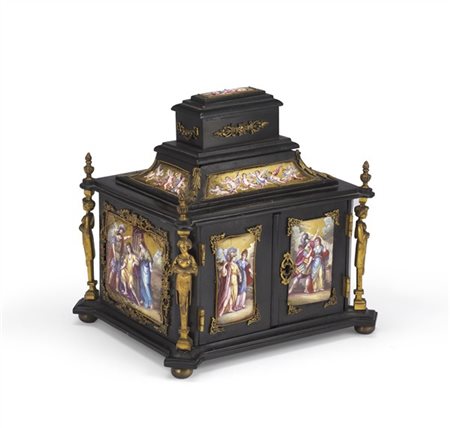 Stipetto portagioie in legno ebanizzato decorato da placche in smalti policromi