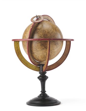 Delamarche. 
Globo terrestre in legno e carta, montato su supporto ebanizzato e