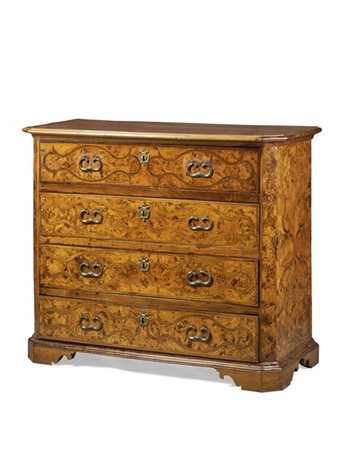 Cassettone lastronato in palissandro e legni vari, fronte in radica d'ulivo, fi