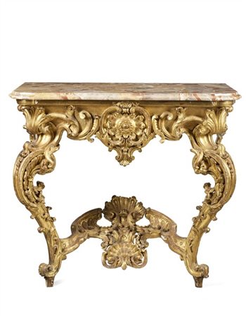 Console in legno intagliato e dorato, grembiale centrato da medaglione tra gira