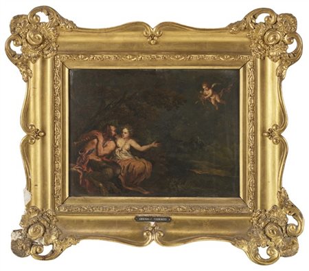Scuola del secolo XVII

"Ninfa e satiro"
olio su lavagna (cm 27,5x36)
al verso