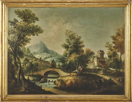 ANTONIO DIZIANI "Paesaggio fluviale con figure"
olio su tela (cm 76,5x102)
in co