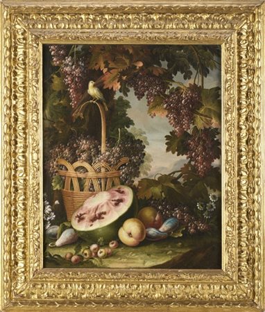 CARLO LANFRANCHI (attr.)

"Cesto di uva in un vitigno con uccellino e frutta"
ol