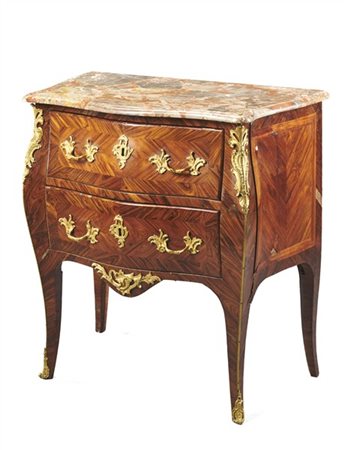 Commode di forma bombata lastronata in palissandro, fronte a due cassetti con a