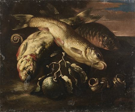 Felice Boselli "Composizioni con pesci in un paesaggio"
coppia di dipinti ad oli