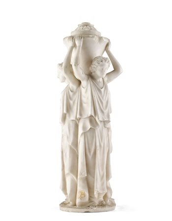 Base per lampada in alabastro scolpito con sostegno in forma di tre canefore, f