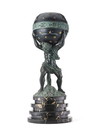 Lampada d'appoggio in bronzo a patina verde e metallo con sostegno a forma di A