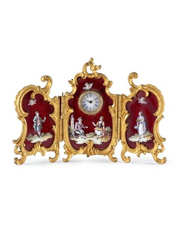 Orologio in bronzo dorato e smalti policromi in foggia di paravento tripartito