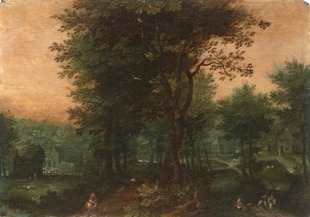 Maestro fiammingo del secolo XVIII

"Paesaggio boschivo con figure"
olio su tav