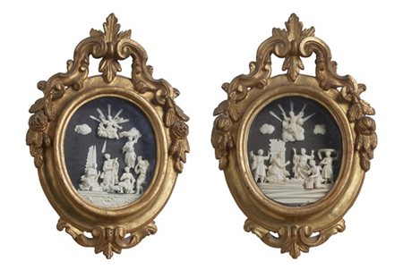 Arte del secolo XVIII. Coppia di intagli in osso raffiguranti scene bibliche tr