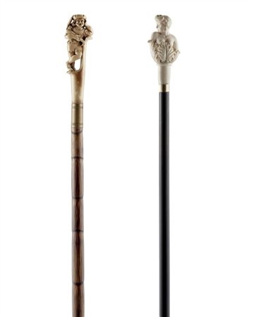 Arte del secolo XIX. Lotto composto da due bastoni da passeggio: uno con fusto