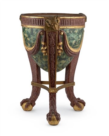 Arte di inizio secolo XIX. Portavaso tripode in legno intagliato e dipinto in p