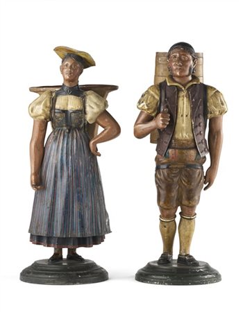 Arte del secolo XIX. Due figure di popolani con gerla portafiori in latta dipin