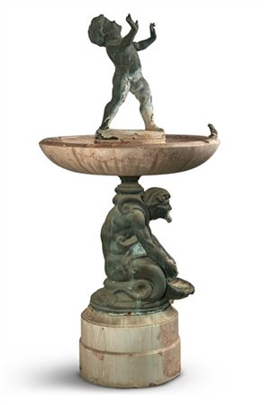 Fontana in marmo rosso di Verona sormontata da putto con rana, sorretto da trit