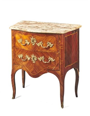 Cassettoncino lastronato in mogano e filettato in legni chiari, piano in marmo,