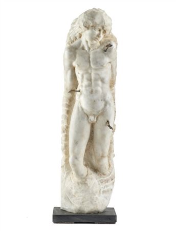 Scultore del secolo XIX. "San Sebastiano" in marmo bianco con frecce metalliche