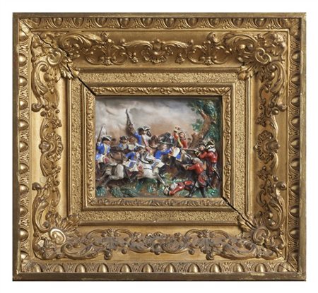 Manifattura francese, secolo XIX. Coppia di bassorilievi in porcellana dipinta