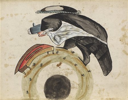 Arte del secolo XIX-XX. Coppia di disegni anamorfici raffiguranti suonatore e C