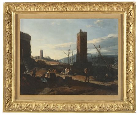 Scuola del secolo XVIII

"Veduta con porto e personaggi"
olio su tela (cm 48,5x