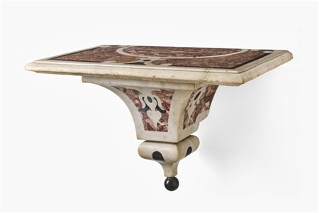 Antica mensola in marmo bianco e broccatello di Spagna decorato a volute e file