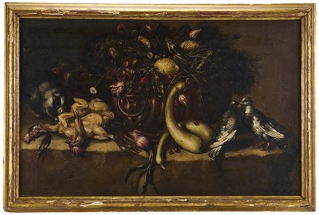 Bartolomeo Arbotori "Composizione con fiori e frutta, colombe, gatto e polli"
ol