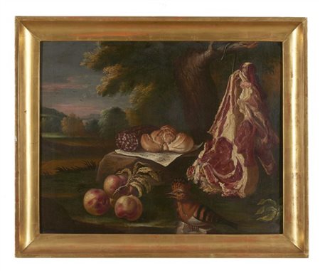 Scuola lombarda del secolo XVIII

"Composizione con pane e salame, carne, frutt