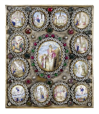 Arte russa, secolo XIX. Icona su tavola con riza in metallo argentato decorata