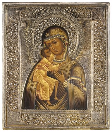 Arte russa, secolo XIX. Icona a tempera su tavola raffigurante Madonna di Fedor