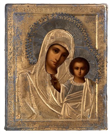 Arte russa, secolo XIX. Icona a tempera su tavola raffigurante Madonna di Kazan