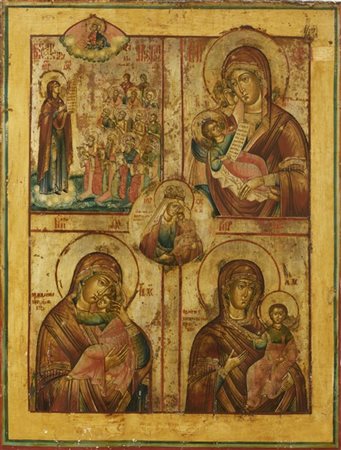 Arte russa, secolo XIX. Icona quadripartita a tempera e oro su tavola raffigura