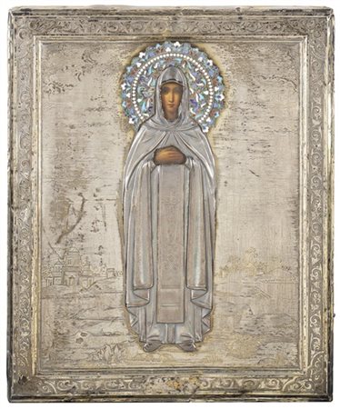 Arte russa, secolo XIX. Icona a tempera su tavola raffigurante Santa con riza i