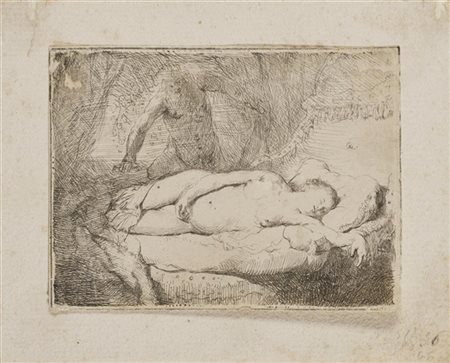 Lotto composto da un'acquaforte di Rembrandt raffigurante "Giove e Antiope", un