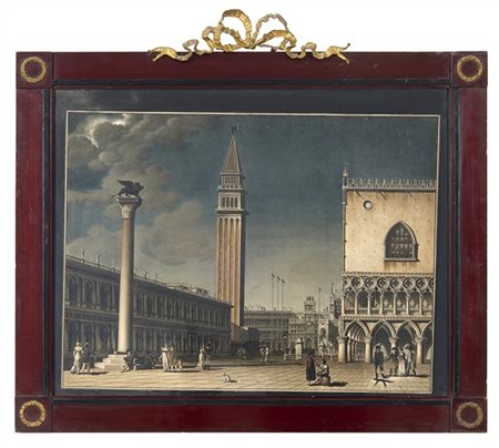 Incisione acquarellata raffigurante Piazza San Marco a Venezia (53x69 cm) sec.