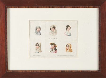 Coppia di acqueforti acquerellate dell'inizio del secolo XIX intitolate "Sei Be