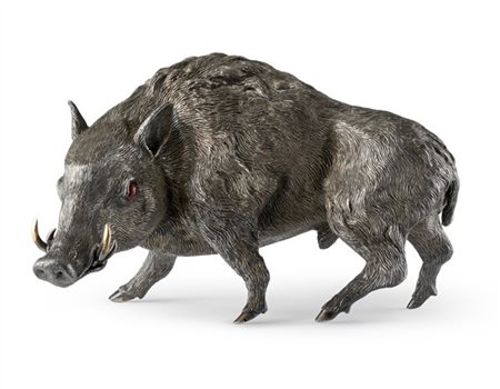 Orafo del secolo XX. Scultura di cinghiale a tutto tondo in argento inciso, zan