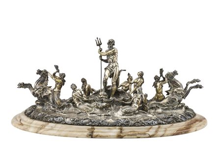 Grande modello di fontana in argento con trionfo di Nettuno tra tritoni con cor