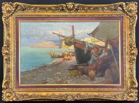 Pietro Barucci "La famiglia del pescatore" 
olio su tela (cm 35x60)
Firmato in b