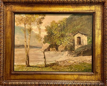 Bruto Mazzolani "Veduta lacustre con cappelletta votiva" 
olio su tela (cm 60x80