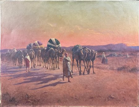 Alexis Auguste Delahogue "Carovana" 
olio su tela (cm 50x60)
Firmato in basso a