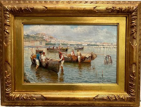 Attilio Pratella "Pescatori a Posillipo" 
olio su compensato (cm 22,5x35)
Firmat