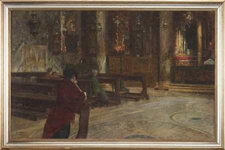 Alessandro Milesi "Interno di chiesa - La preghiera" 
olio su tela (cm 63x100)
F