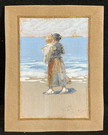 Ettore Tito "Maternità sulla spiaggia" 1900
tempera su carta (cm 18x12)
Firmato