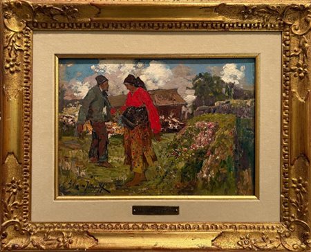 Alessio Issupoff "Contadini nell'Isba" 
olio su cartone (cm 24x34)
Firmato in ba