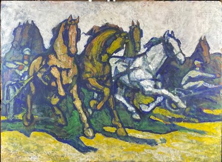Federico Sartori "Cavalli al trotto" Viareggio, 1934
olio su compensato (cm 55x7