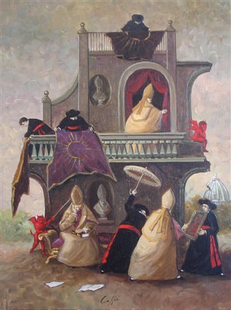 CAFFE' NINO ALFEDENA 1909 PESARO 1975 PRELATI E PRETINI, 1963 OLIO SU TELA cm...