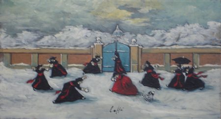 CAFFE' NINO ALFEDENA 1909 PESARO 1975 PALLE DI NEVE, 1968 OLIO SU TAVOLA cm...